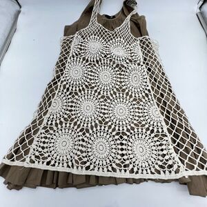 RYU Anthropologie Beige Cream Lace Crochet Boho Dress M/L Brown